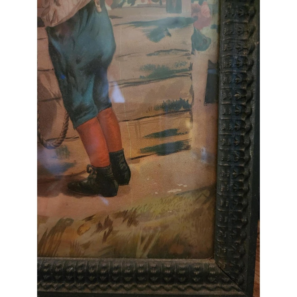 Antique Wood Framed Victorian Lithograph Print "OLD OAKEN BUCKET" Boy at Well - Picture 7 of 9